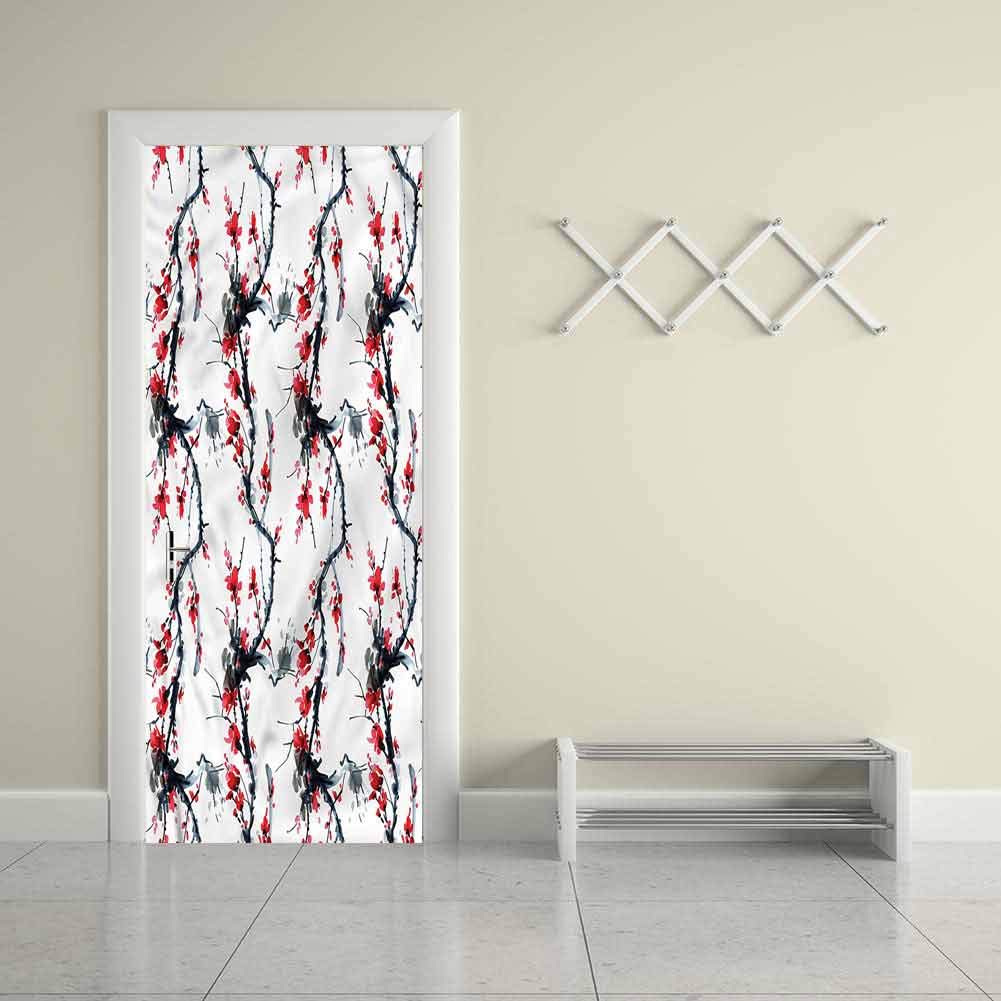 Customized Apartment Decor Door Sticker Asian,Flowers in Watercolor Style3D Stereo Refurbished Novelty Door Art 23"W x 70"H