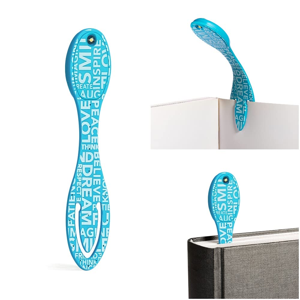 Gifts for Readers & Writers Book Light, Clip On Reading Light for Bed, 2in1 Flexilight & Bookmark, Small & Lightweight with a Soft Glow, 2 Batteries Included, Blue Words