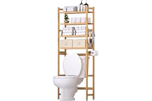 Cozivolife Over The Toilet Storage with 2 Baskets,4-Tier Bamboo Over Toilet Organizer Rack with Paper Holder & 4 Hooks & Waterproof Feet Pad,Freestanding Above Toilet Shelf for Bathroom(Natural)
