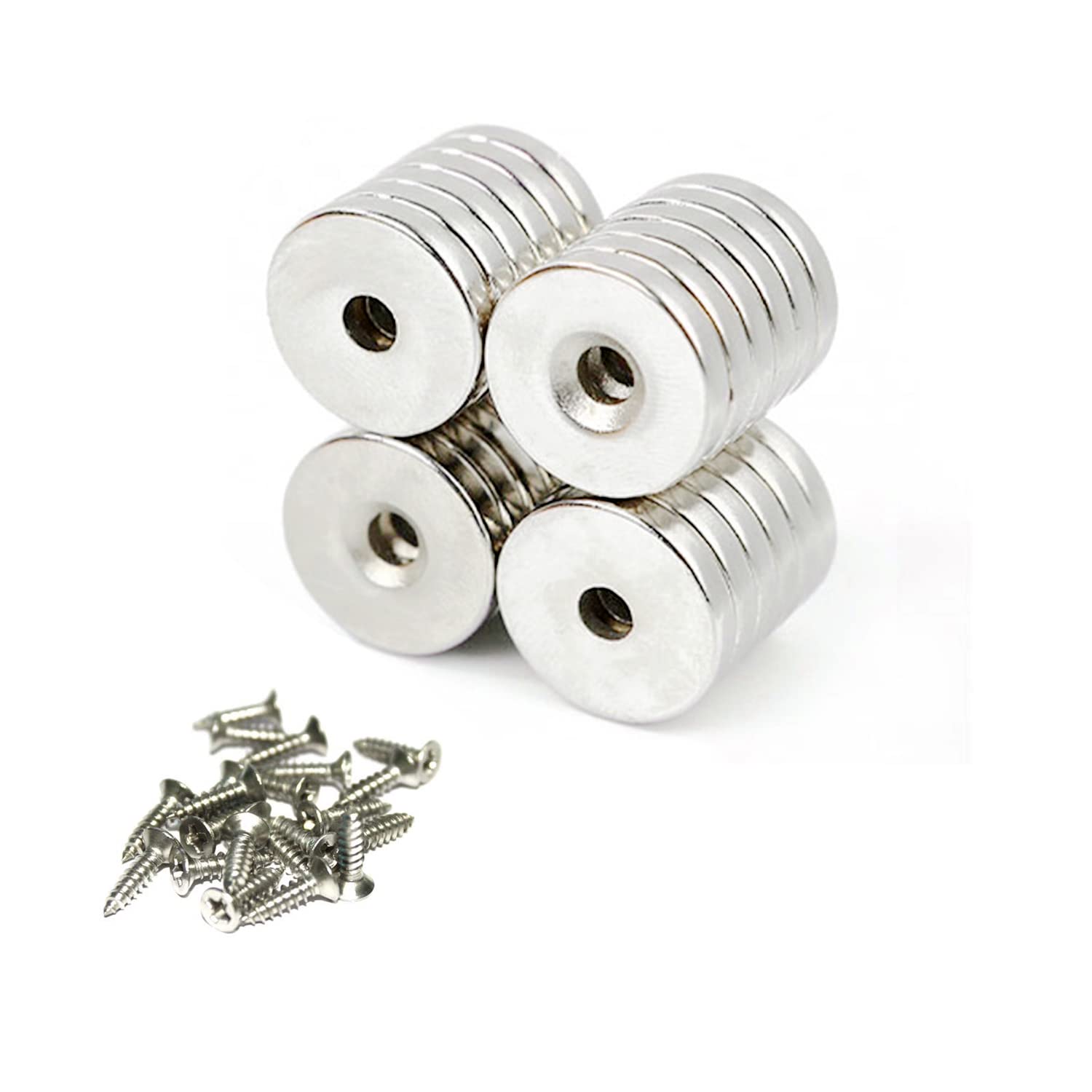 20 Pieces Round Magnets 10 x 3 mm with hole, Countersunk Head Pot Magnet with Screws, Neodymium Disc Magnets for Crafts, Whiteboards, Refrigerator, Home, Kitchen, Office