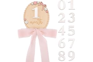 Wooden Baby Monthly Milestone Sign, 0-12 Months Newborn Milestones Card with Cute 3D Flowers Designs & Pink Ribbon Ideal Phot