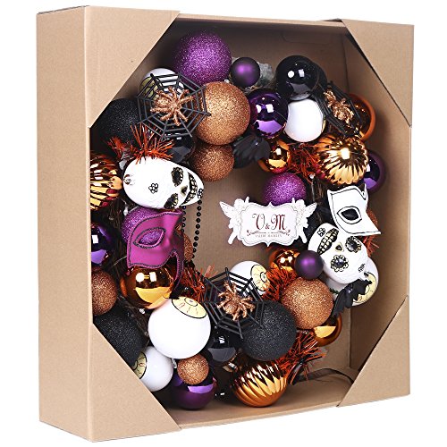 Valery Madelyn 20” Pre-Lit Traditional Halloween Wreath with Spooky Shatterproof Ornaments Including Skulls,Spiders,Eye Balls,Bats and Masks,Rattan Base with 20 LED Lights,Remote and Timer Included