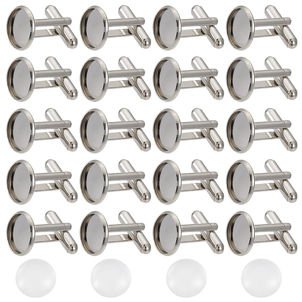 GOMAKERER 20 Pcs Brass Blank Dome Cufflinks and 20 Pcs Glass Round Cabochons, Platinum Fat Round Cuff Links Cufflinks Making Kit, Business Elegant Gift for Men DIY Crafting