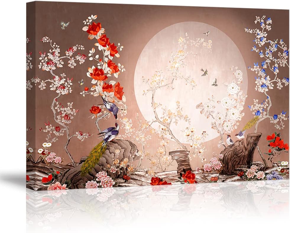 Paintings - Vintage Traditional Chinese Flower Full Moon Canvas Wall Art For Bedroom,Blue Bird On Blossom Branch Decor,Exquisite Oriental Floral Landscape Painting,Bracket Fixed Ready To Hang,Inner Frame (32x48)