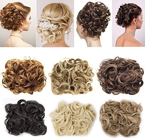 Combs Chignon Messy Curly Hair Bun Extension With 2 Stretch Hair Combs Clip in Updo Hair Extension Wavy Synthetic Ponytail Extension Flower Hair Piece Pony Tail (medium brown)