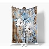 JAWO Farmhouse Flower Floral Throw Blanket, Rustic Blue Daisy Fleece Cozy Warm Bed Couch Blanket, Country Blue Brown Fleece Flannel Throws to Decorate The Room and Bedroom Warm Blanket 50X60IN