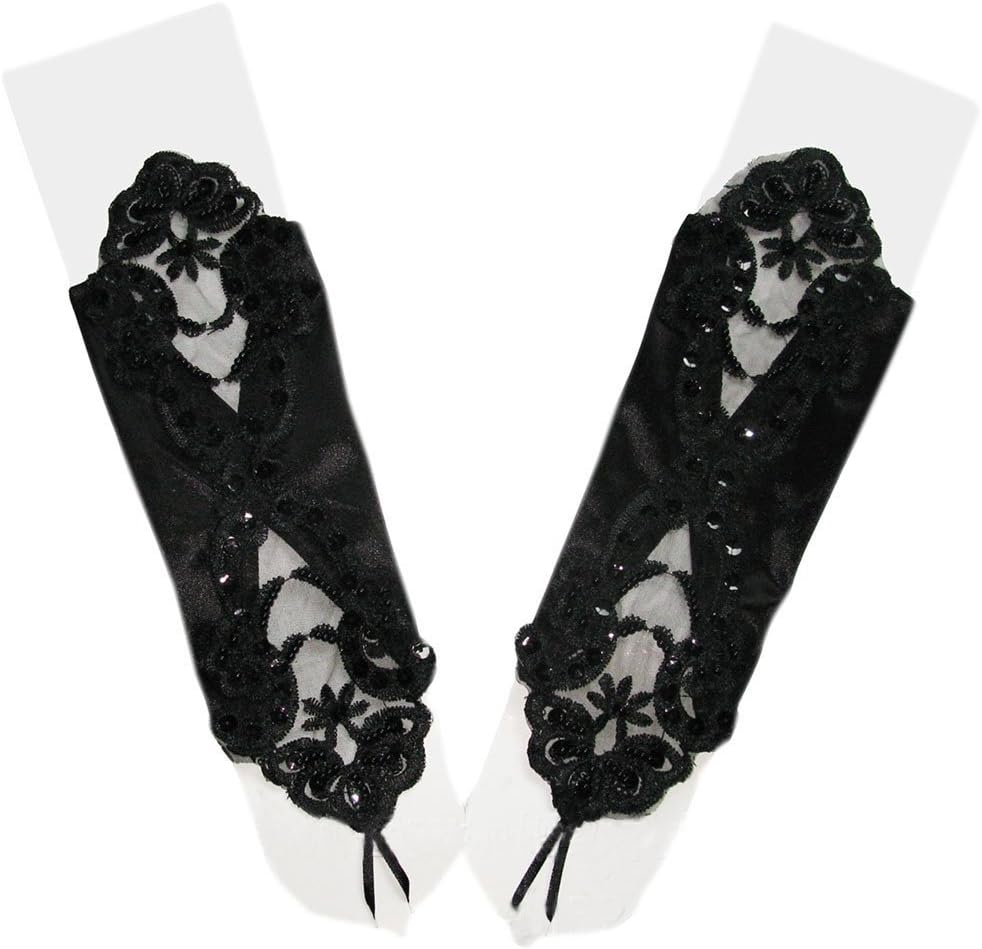 Ymacy Women Evening Opera Satin Gloves Fingerless Gathered Lace Sequins Bridal Party Gloves