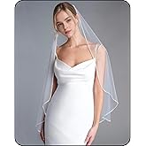 WEZTEZ Bridal Veils Beaded Edge Wedding Veil,1 Tier Pearl Crystal Edge Fingertip Length Short Bride Veil With Metal Comb