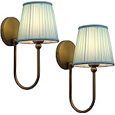 Pathson Vintage Set of 2 Fabric Wall Sconce Blue Gauze Cloth Shade, Hardwired Curved Arm Bathroom Vanity Lights, Indoor Wall 