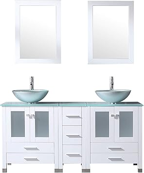 Walcut 60inch White Bathroom Vanity With Sink Combo Solid Mdf Cabinet With Silver Green Double Glass Vessel Sink And Faucet Pop Up Drain Combo Double Mirror 60 Amazon Com