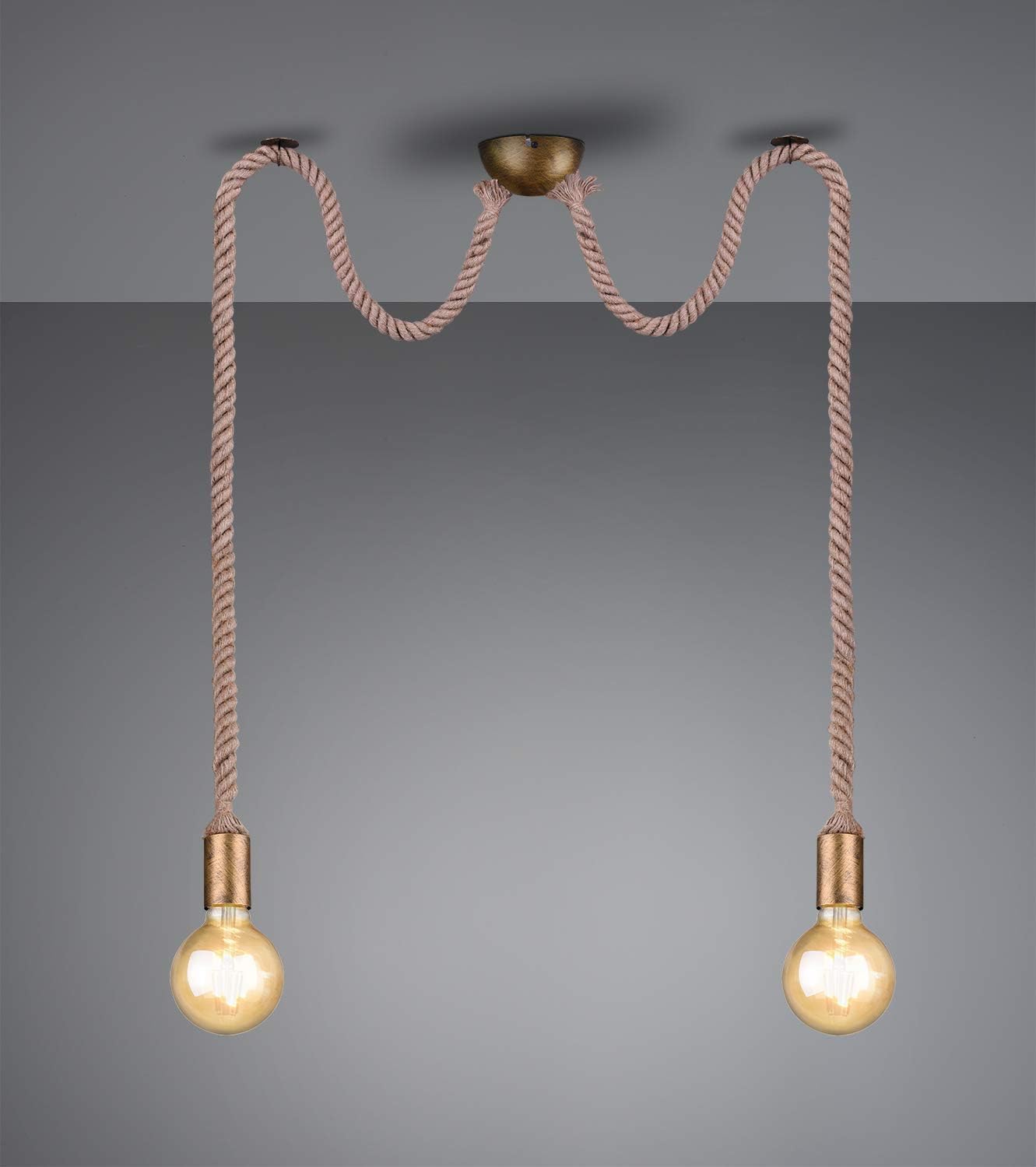 Trio Leuchten Rope 310100204 Pendant Light Antique Brass Metal Linen Suspension Excl. 1 x E27 Pendant 2-Bulb - Image 3