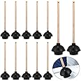 Dandat 12 Pcs Rubber Toilet Plunger with Double Thrust Force Suction Cup Long Wooden Handle Toilet Bowl Plunger Heavy Duty Plunger Pump Clogged Toilet Solution for Bathroom Stores Restaurants, Black