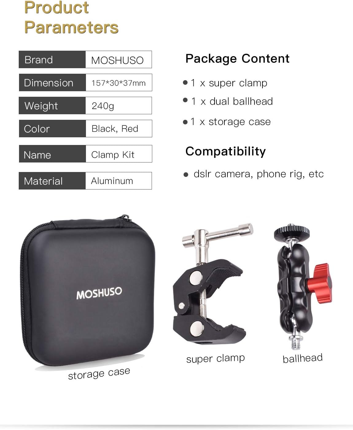 MOSHUSO Camera Mount Clamp with 360° Ballhead Arm, for DSLR Camera/Field Monitor/LED : Camera & Photo
