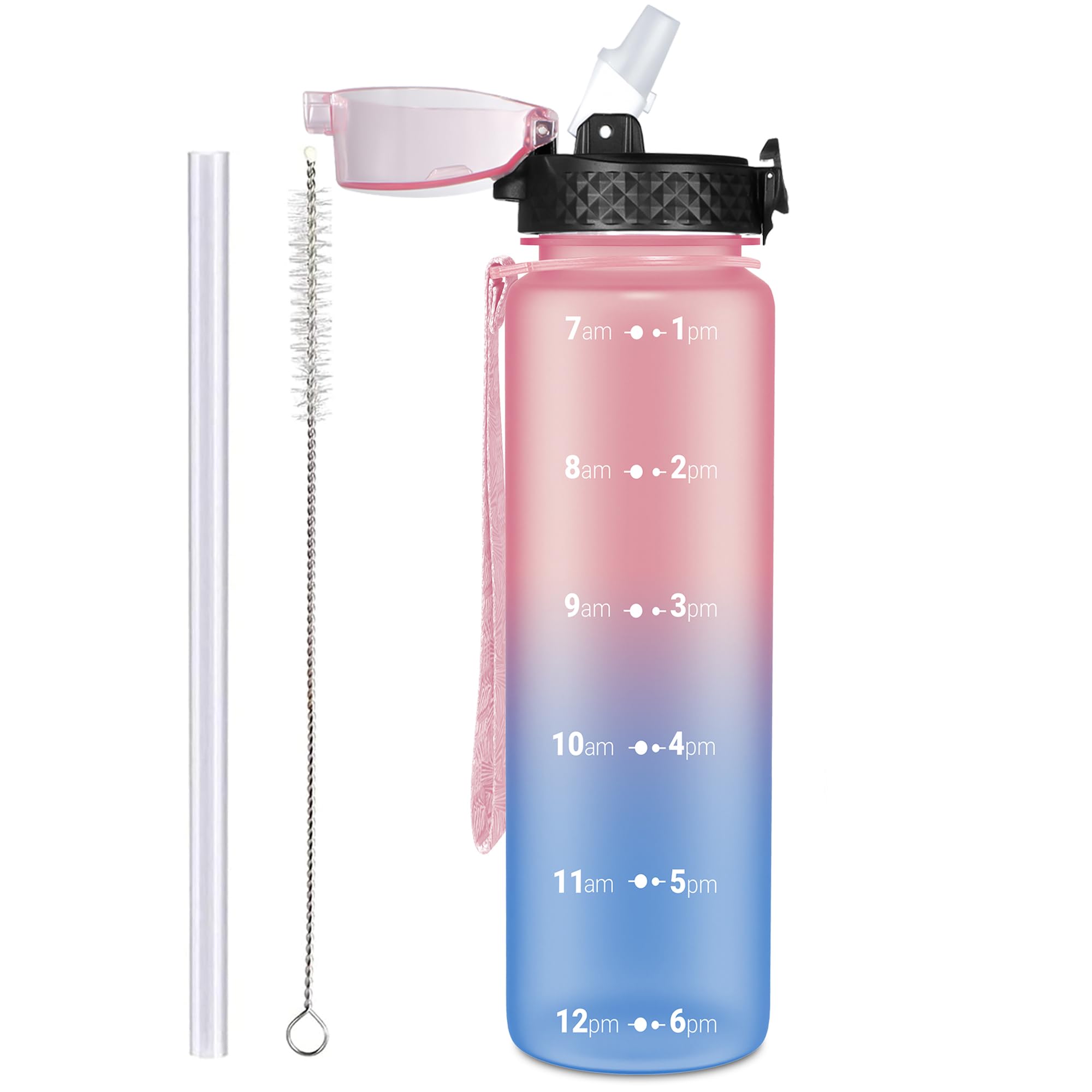OLDLEY 1L/32oz Sports Water Bottle with Straw, 1000ml Motivational Drinks Bottle with Time Markings Leak Proof Drink & Lock Cover, BPA Free for Gym School Cycling Running Hiking — image 1