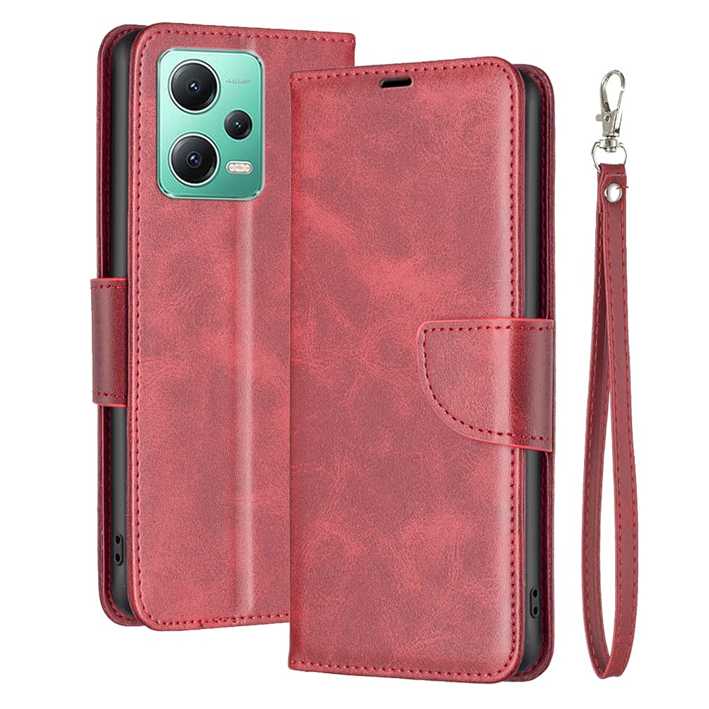 Laybomo Premium Phone Case for Xiaomi Redmi Note 12 5G, Leather Case for Redmi Note 12 5G Wallet Case Holster with Card Holder Stand-View Flip Silicone Cover for Xiaomi Redmi Note 12 5G, Red