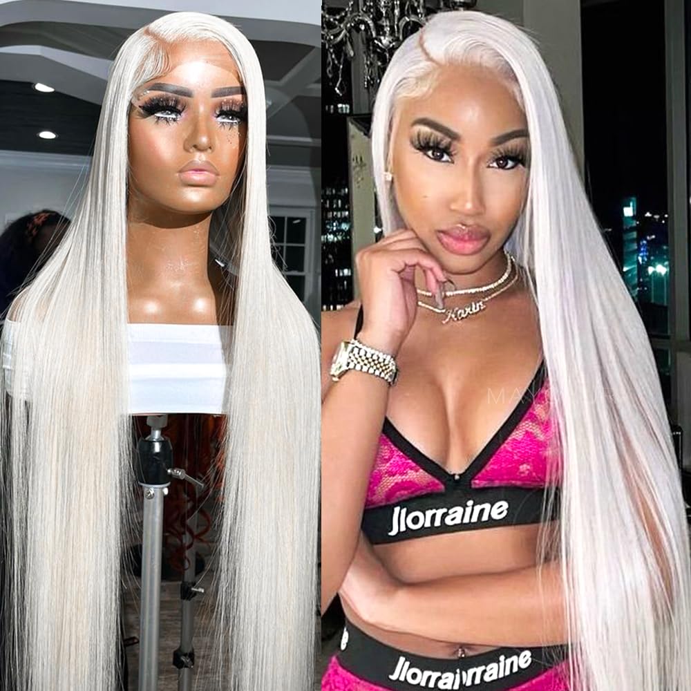 Photo 1 of Maycaur White Lace Front Wig Long Glueless Wigs for Women Natural Straight Hair 13X6 Pre Plucked Platinum White Colored Synthetic Lace Frontal Wigs