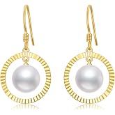 14k Gold Hook and 10k Gold Circle Freshwater Cultured Pearl Dangle Earrings for Women, Fine Jewelry Gifts for Her