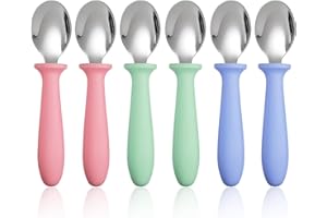 Pimoys 6-Pack Stainless Steel Toddler Spoons Baby & Kids Utensils for Self-Feeding Plastic Handle Dishwasher Safe