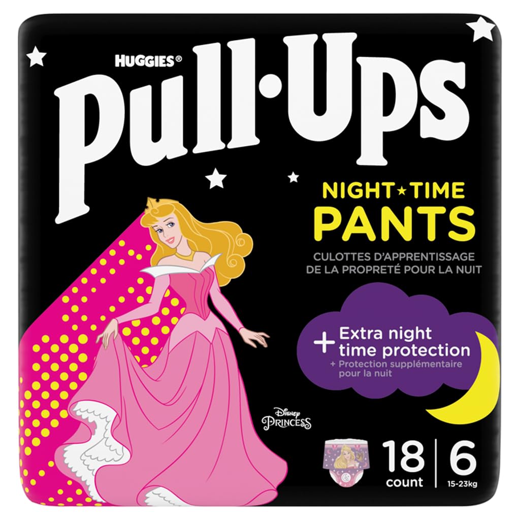 Huggies Pull-Ups, Trainers Night Nappy Pants for Girls - 2-4 Years, Pull-Ups Size 5-6+ (18 Pants) - Extra Night Time Protection - Support for Consistent Potty Training Routines