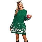 SunnyMelody Womens Christmas Sweater Crew Neck Dress Reindeer Snowflake 2025 Cable Knit Long Sleeve Sweater Dresses
