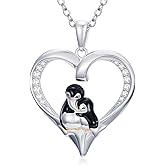 Cargari Mother Daughter Penguin Necklace for Women, 925 Sterling Silver Heart Penguin Pendant Necklace, Unique Birthday Mother's Day Penguin Jewelry Gifts for Women Mom Daughter