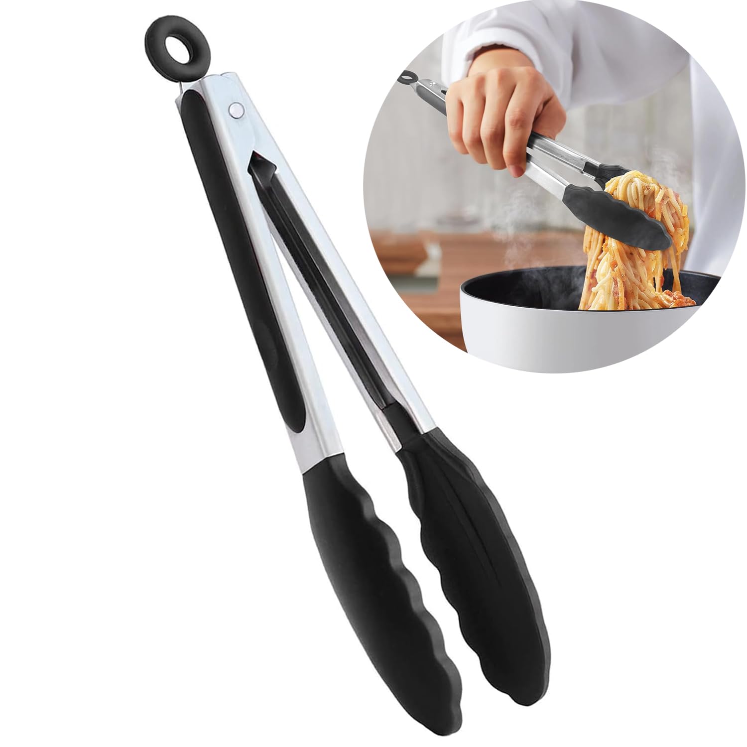 Kitchen Tongs, 9 Inches Non-Slip Stainless Steel Handle with Locking Clip Silicone Tip for Cooking, BBQ, Serving, Heat Resistant