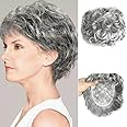 AiUree Natural Curly Human Hair Topper 13x13cm Clip in Wavy Replacement Wiglet Short Hair Topper for Women with Thinning Hair Silver Grey Color