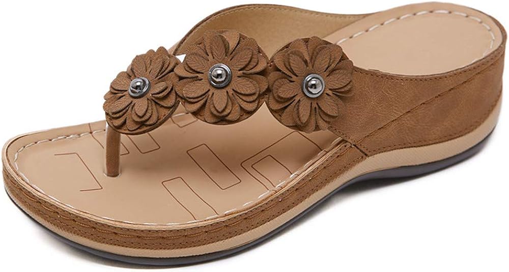 LAZZY Womens Flower Wedge Flip Flops Open Toe Casual Flats Sandals Beach Office Walking Shoes