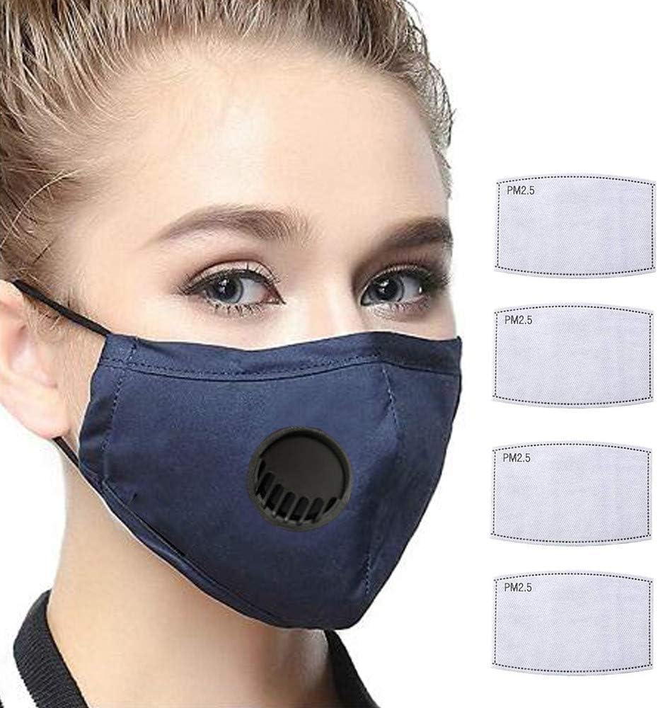 2 Pack Face Mouth Masks with Breath Valve, 4 Pcs PM2.5 Activated Carbon Filter Anti Pollution Reusable Dust Mask for Cycling Running Walking, Women Blue