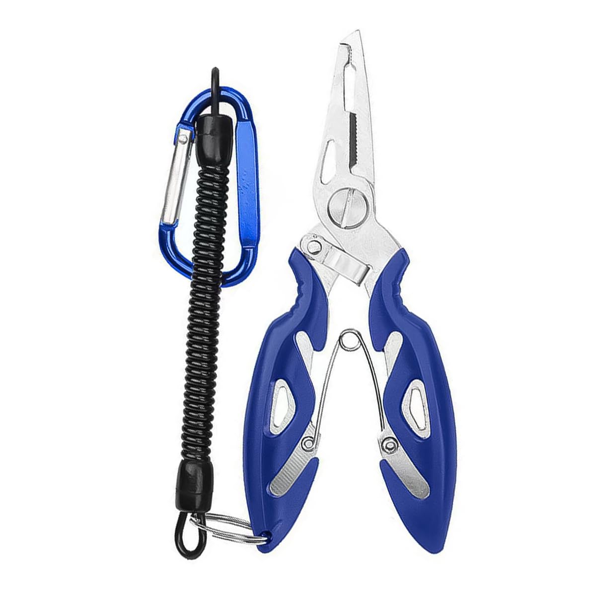 FONGKNOX Stainless Steel Fishing Pliers Hook Remover Tool Ring Spliting Line Cutting Multi-Functional Lightweight Fishing Scissors with Safety Lock Carabiners & Retractable Spring Cord & Bag Blue