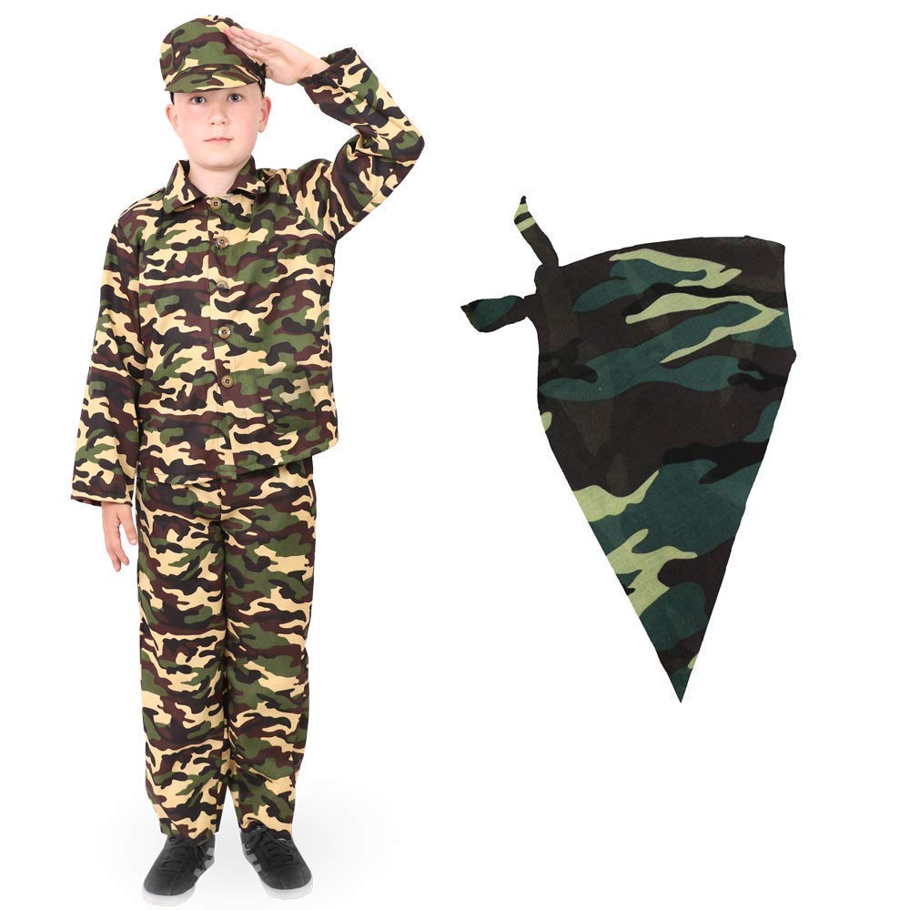 BOYS ARMY FANCY DRESS OUTFIT WITH CAMO BANDANA. CHILDS COMBAT SOLDIER COSTUME. CHILDS MILITARY UNIFORM FOR THE DRESS-UP BOX, FANCY DRESS PARTIES, AND CHRISTMAS / BIRTHDAY GIFTS. SIZE: SMALL