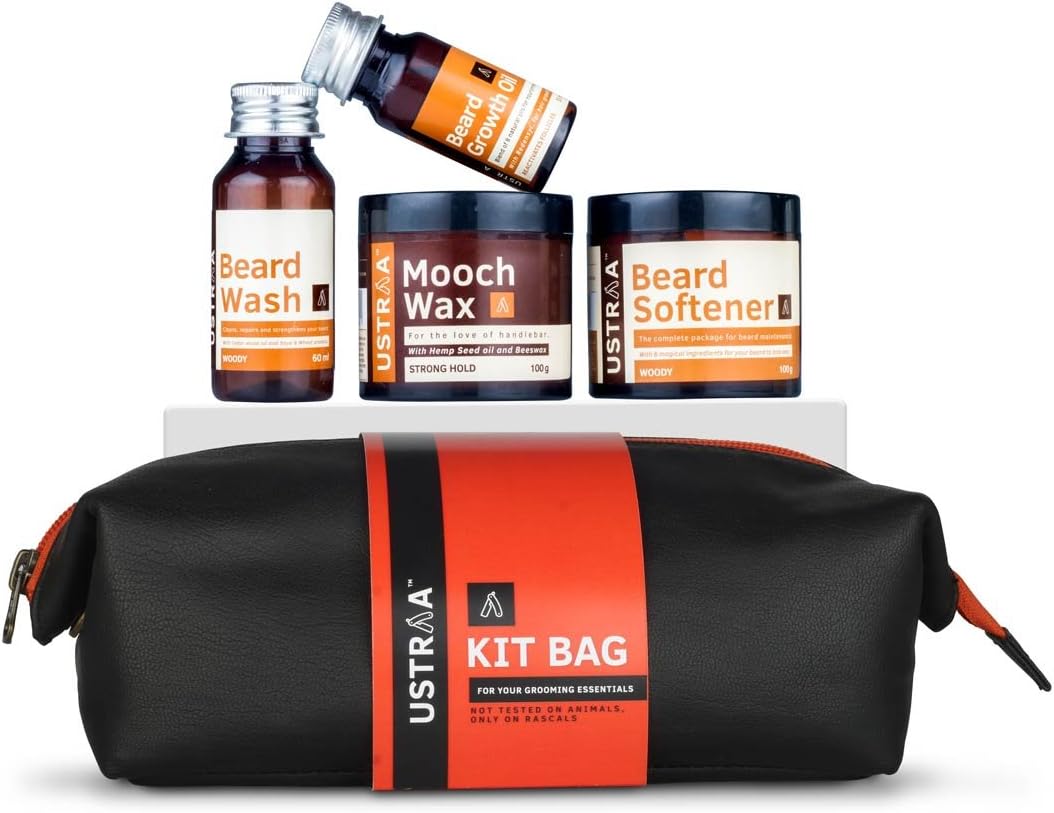 Ustraa Beard Care Grooming Kit with free Travel Bag- Beard Growth Oil, Beard Wash, Mooch Wax & Beard Softener