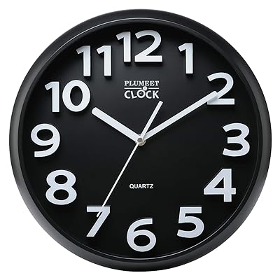 Plumeet Large Number Wall Clock, 13" Silent Non-Ticking Quartz Decorative Wall Clock, Modern Style Good for Living Room &amp; Home &amp; Office Battery Operated (Black)