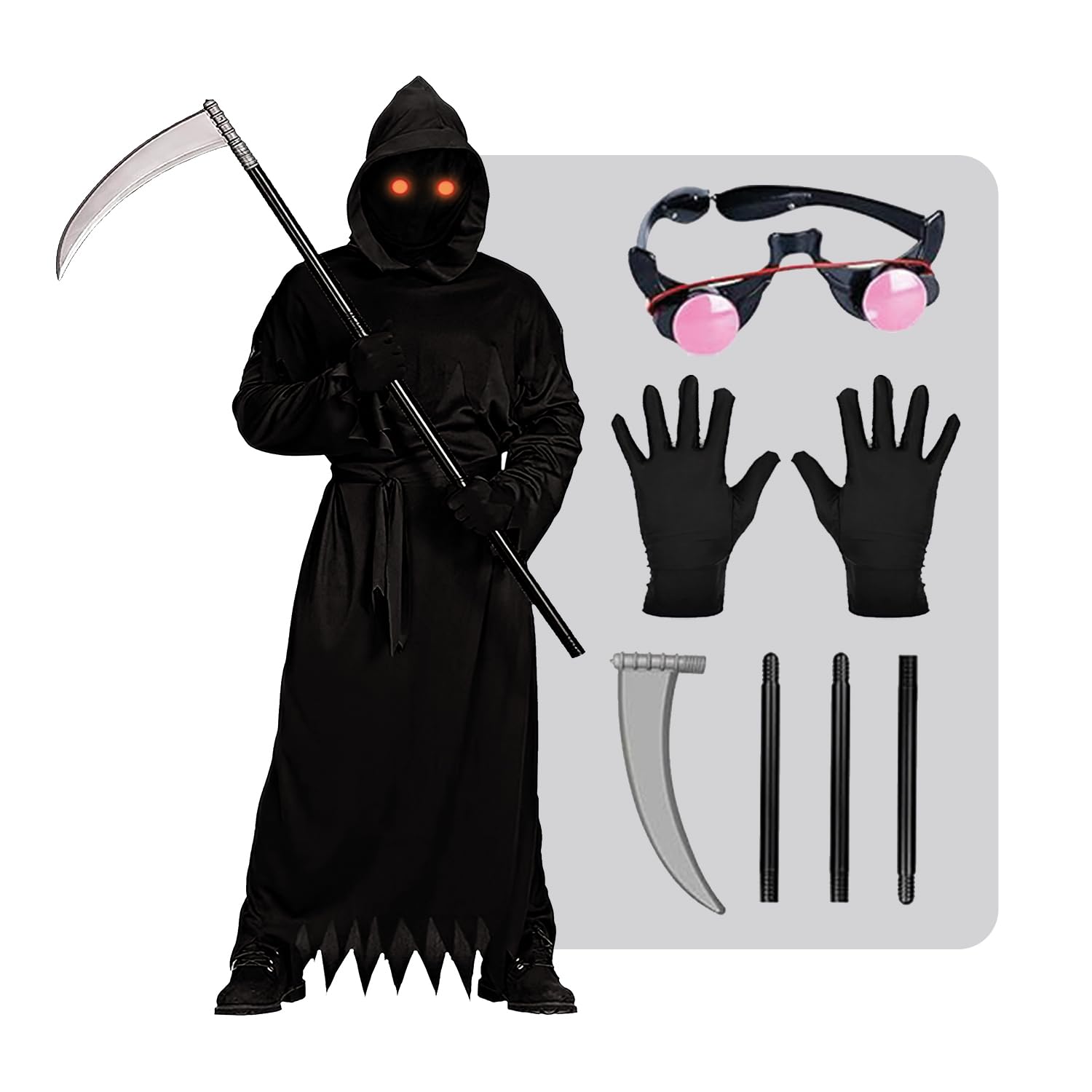 Grim Reaper Disguise for Children | Includes 1 Full Hood, 1 Dress, 1 Faux , Glowing Goggles, Gloves | Fun to Wear Halloween Costume | Horror Movie Cosplay | OriginalCup®