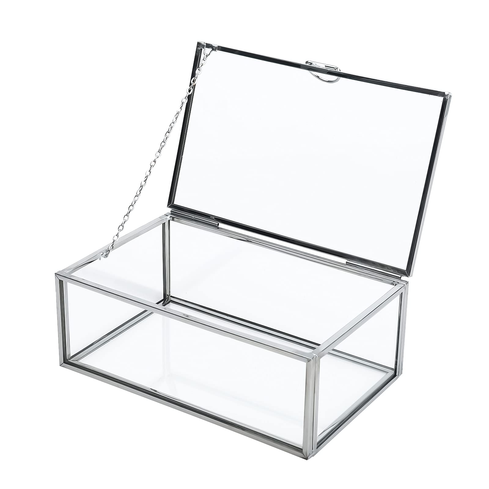 Homtone Vintage Glass Lidded Box, Silver Decorative Jewelry Keepsake Display Organizer Clear Rectangle Box for Wedding Party Decor (14.6x9x5.5cm)
