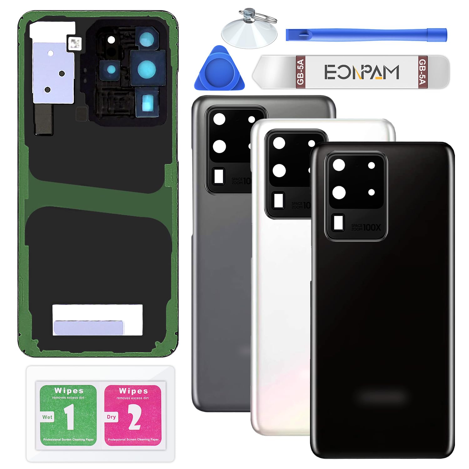 Eonpam Back Cover Glass for Samsung Galaxy S20 Ultra G988 Rear Glass Replacement with Camera Lens + Repair Kit Genuine Rear Housing (Cosmic Black)