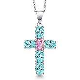 Gem Stone King 925 Sterling Silver Blue Apatite and Pink Sapphire Cross Pendant Necklace for Women | 3.22 Cttw | Gemstone Birthstone | Oval 6X4MM | With 18 Inch Chain