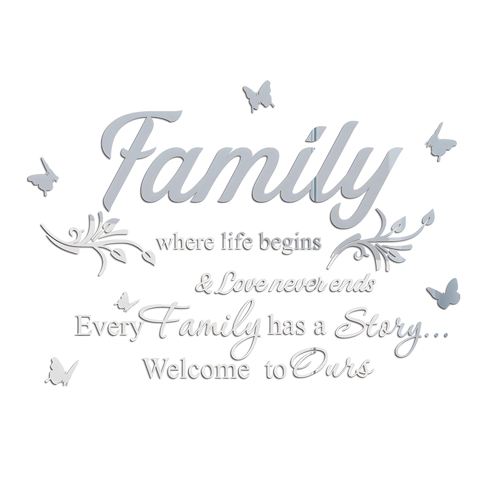 Fkereg Family Where Life Begins & Love Never Ends Every Family Has a Story Welcome to Ours Mirror Wall Decals Stickers, Acrylic Inspirational Quotes Wall Art Words, Home Wall Decor Living Room, Silver