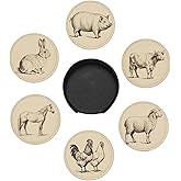 6 Pcs Farm Animals Drink Coasters with Holder Coasters for Drinks Coffee Table Home Decor Housewarming Gift