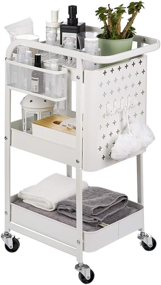Portable Rolling Utility Cart, 3-Tier Metal Storage Rolling Cart with Utility Handle and Removable Pegboard and Storage Accessories (Color : White)