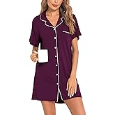 SWOMOG Women Pajama Nightgowns Button Down Sleepwear short Sleeve Sleep Dress Boyfriend Silk Nightshirt