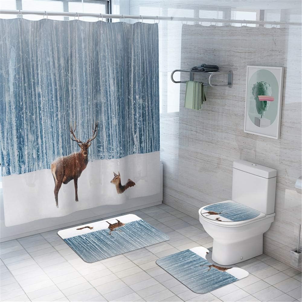 FNMDP 4 Piece Shower Curtain Sets with Non-Slip Rug, Toilet Lid Cover, Bath Mat,Durable Waterproof Snow Elk Decor
