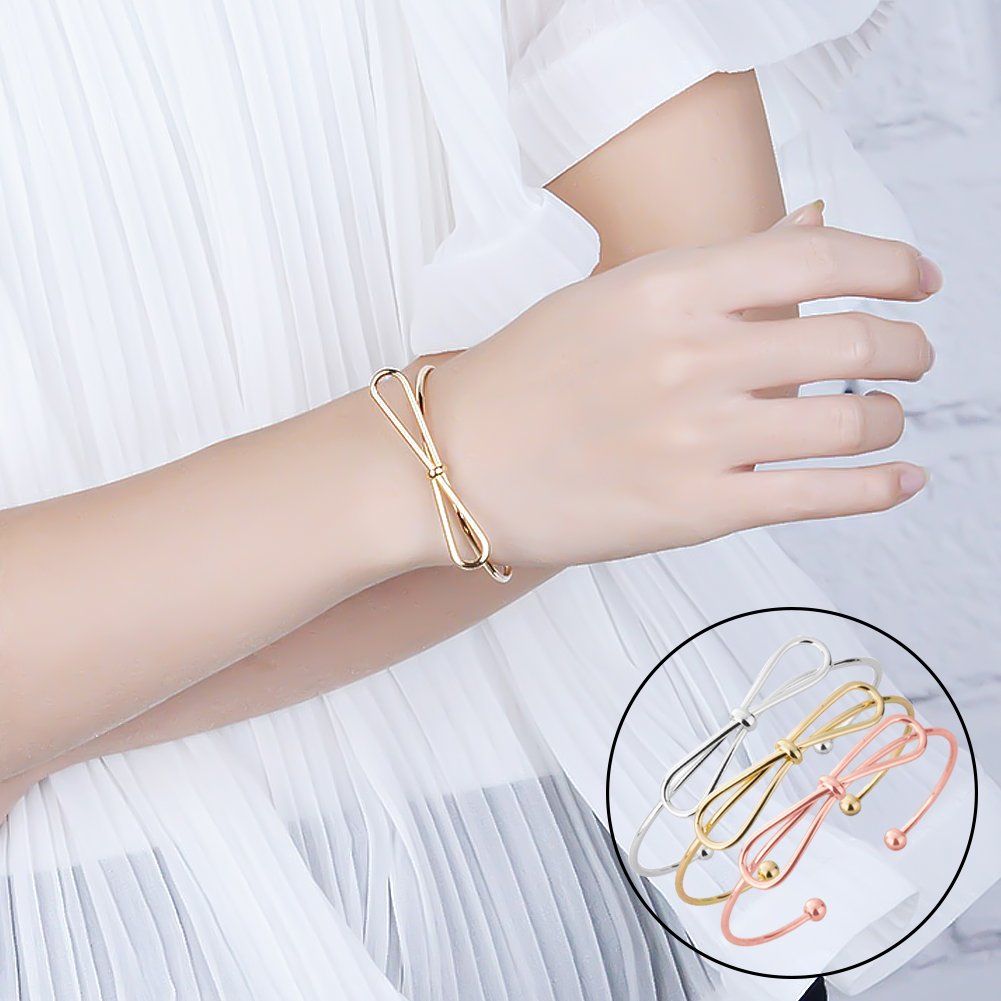 6 Pcs Simple Bangle Bracelet, Love Knot Bangle and Bow Knot Bracelet, Adjustable Cuff Bangle for Women Girls (Silver, Gold and Rose Gold)