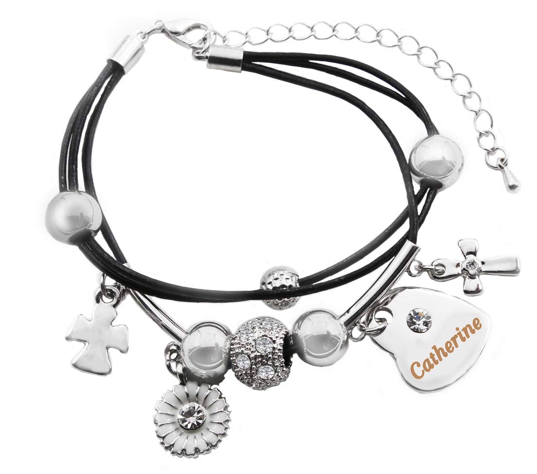 Kigu Catherine Name Bracelet - Genuine Leather Multi Strand Bracelet & 18K White Gold Plated Engraved Heart Charm