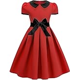 ODIZLI Kids Girls 1950s Retro Vintage Dress Short Puff Sleeve Contrast Panel Swing Party Dresses