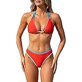 CUPSHE Sexy Bikini Set for Women Two Piece Swimsuit Halter Strap Color Block Bathing Suit Backless Self Tie Low Rise