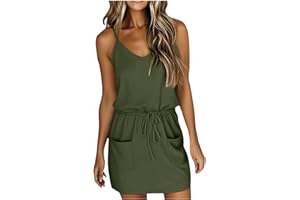 Summer Dresses Women Trendy 2026 Sleeveless Spaghetti Strap V-Neck Mini Dress Beach Vaction Sundresses with Pockets