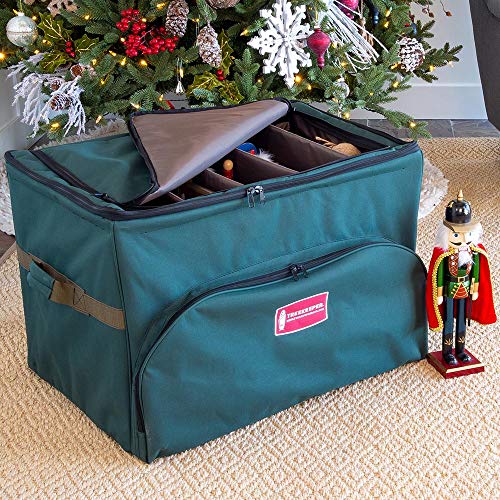 [Green Christmas Ornament Storage Box with Dividers] - Deluxe Ornament Keeper - (Holds 72 Ornaments up to 4 Inches in Diameter) | 3 Removable Trays with Separators | Top Pocket for Taller Decorations - Thumbnail 5