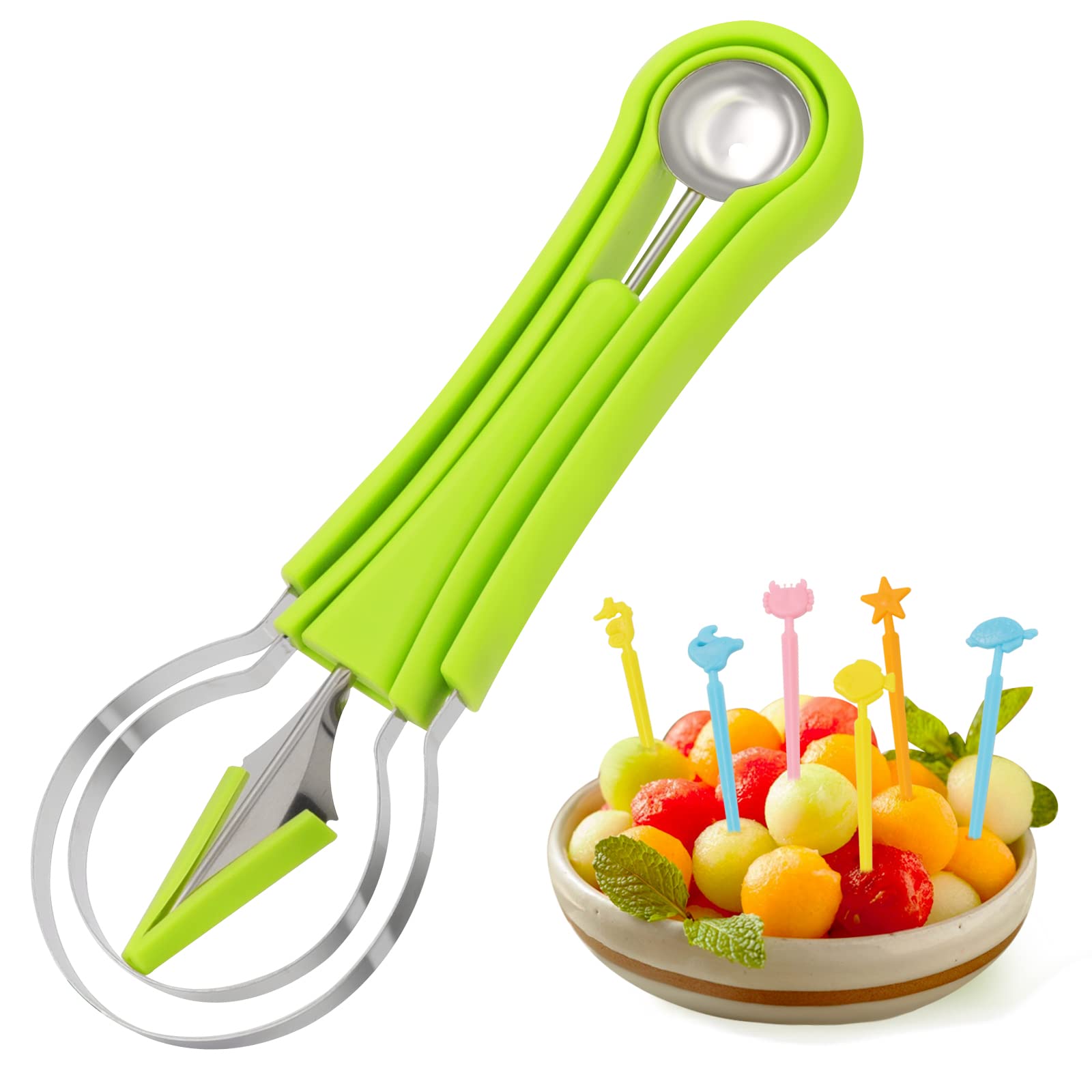 Professional Melon Baller Scoop Set with Fruit Forks, 4 in 1 Stainless Steel Fruit Tools, Fruit Scooper Melon Carving Seed Remover Fruit Peeler for Fruit Slicer Dig Pulp Separator