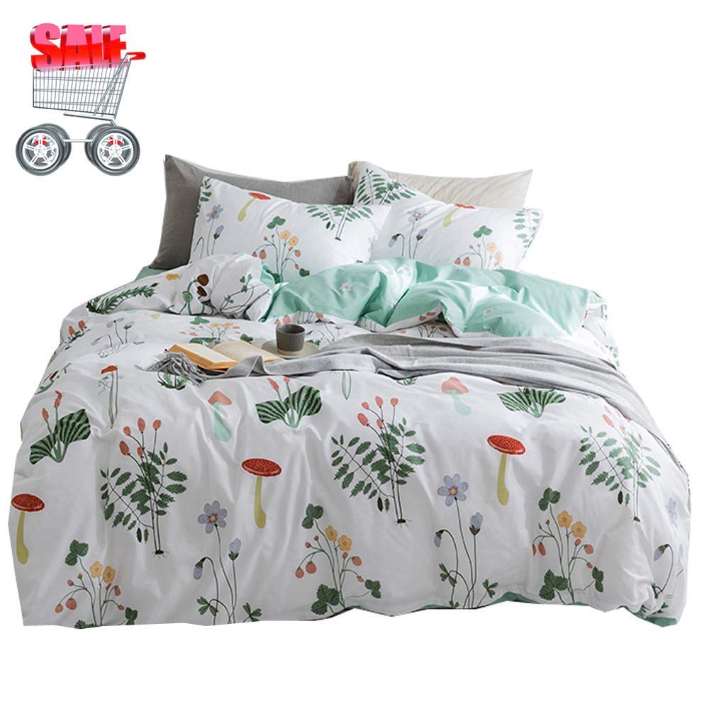 Fresh Flower Plants Duvet Cover Set Queen Soft Cotton Floral Bedding Set Queen 3 Piece Kids Girls Comforter Cover Set for Teens Children Zipper Closure Reversible Bedding Collection Queen